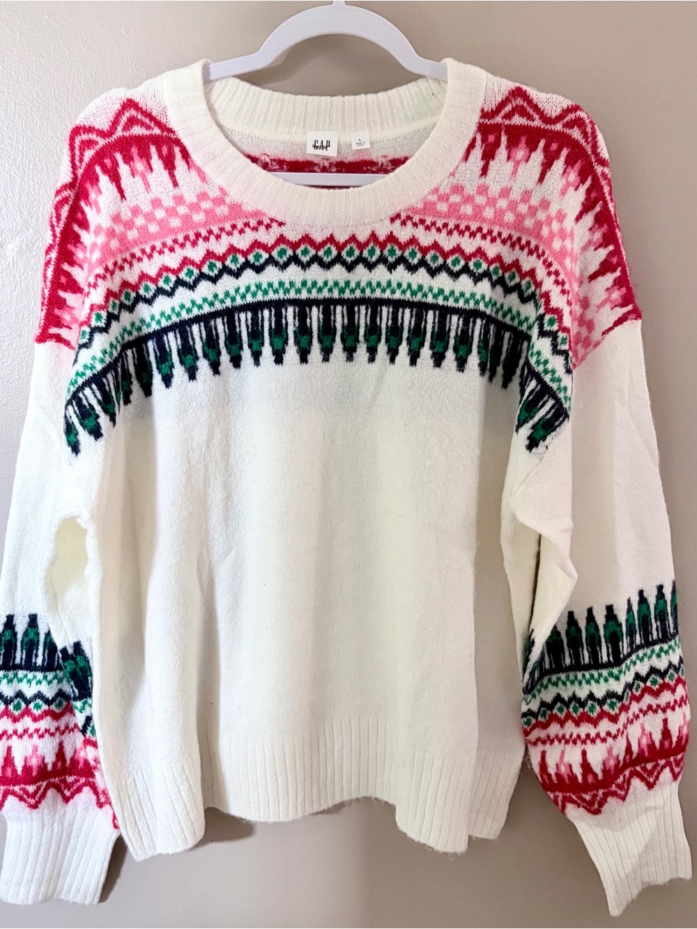 GAP Women's Fair Isle Crewneck Knit Sweater White Pink Green Large